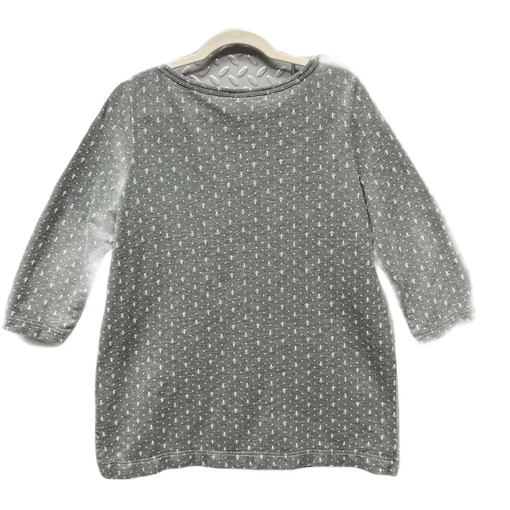 Lands' End Gray White Anchor Design Boat Neck 3/4 Sleeve Cotton Tunic Top SZ M